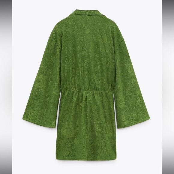 ZARA jacquard dress green ties wrap blogger favorite large L - Picture 8 of 13